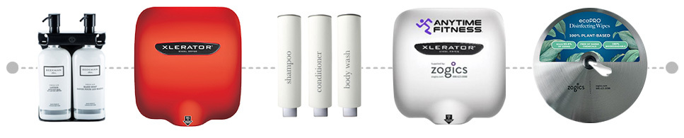 Branded hand dryers, dispensers, and facility equipment